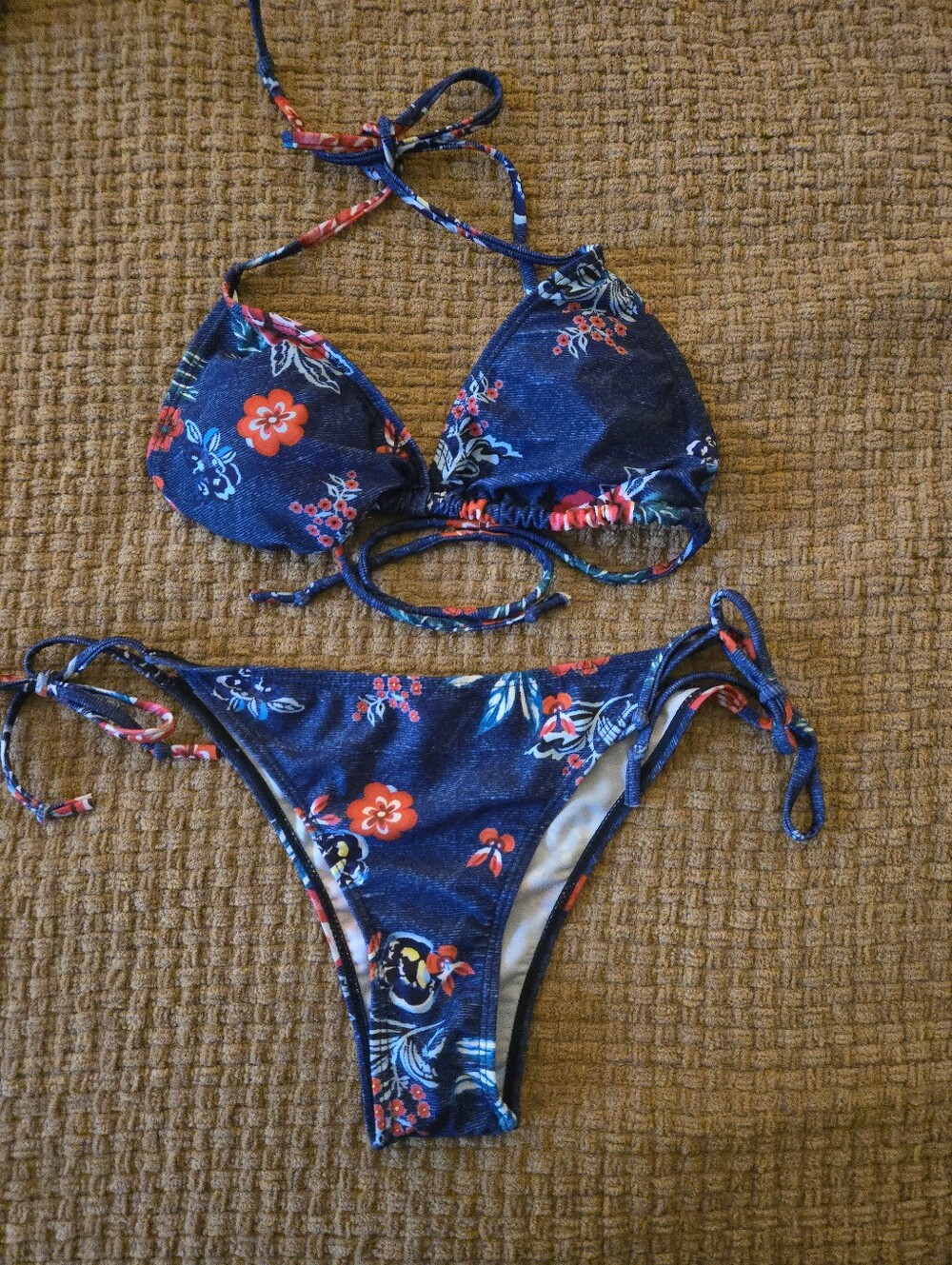 Navy Floral Tie-Side Bikini Set Size L